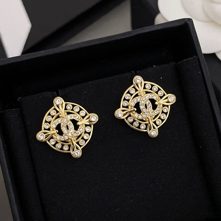 Chanel Double C Circle Gold Stud Earrings