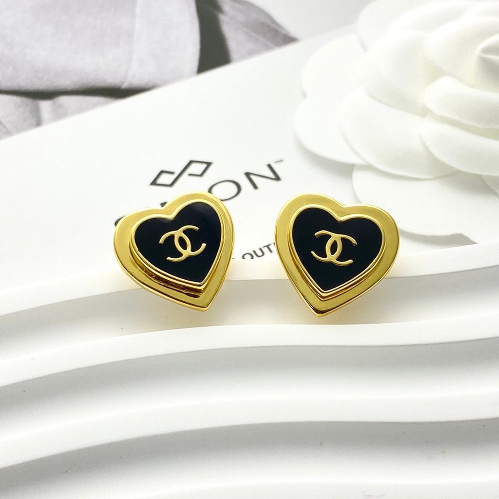 Chanel Black Enamel Gold Double C Heart Earrings