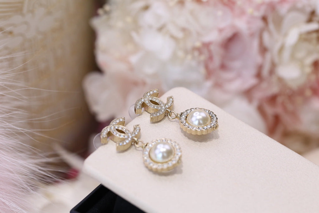 Chanel Double C Pearl Silver Diamond Earrings